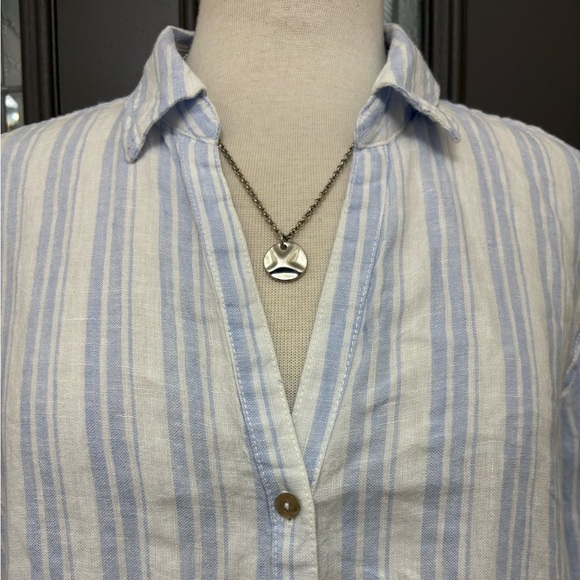 Sigrid Olsen Blue & White Striped 100% Linen Oversized Shirt | Size Large - Picture 3 of 8